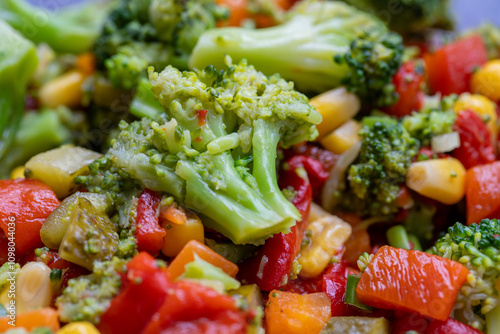 Obraz na płótnie Homemade fresh boiled vegetables, broccoli, carrots, corn, pickled cucumbers and capia pepper healthy nutrition lifestyle concept. w salonie
