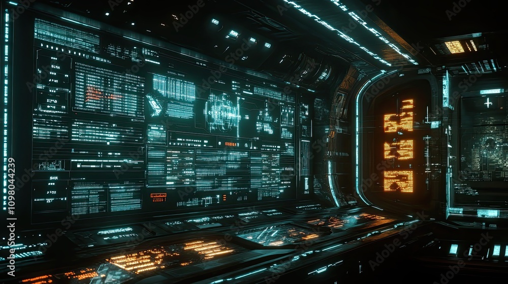 Fototapeta premium Futuristic spaceship interior with glowing screens and panels