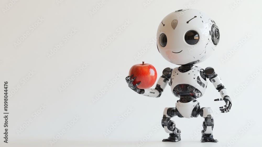 Fototapeta premium A charming, humanoid robot holds a shiny red apple in a clean, futuristic setting. The robot's smile and playful design make this image ideal for themes of AI, technology, and innovation.. AI
