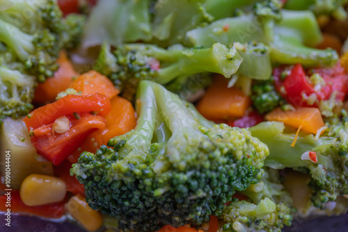 Obraz na płótnie Homemade fresh boiled vegetables, broccoli, carrots, corn, pickled cucumbers and capia pepper healthy nutrition lifestyle concept. w salonie