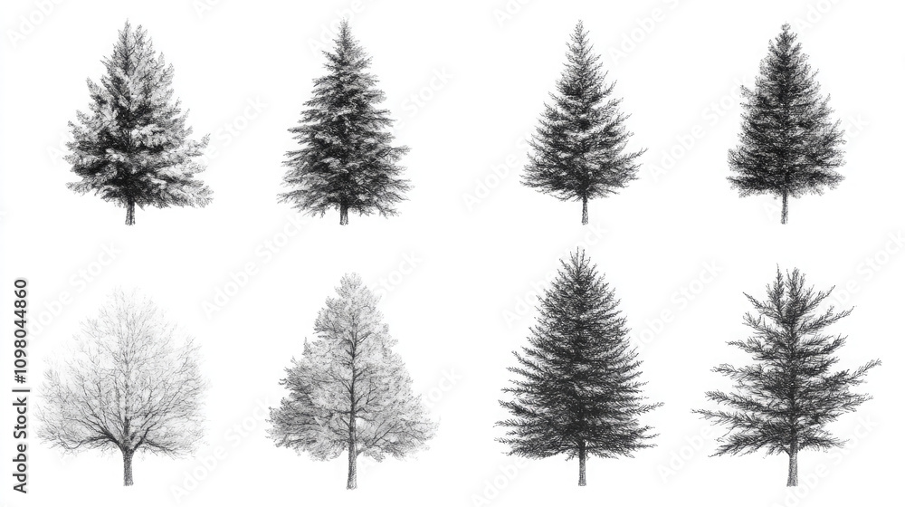 Fototapeta premium Christmas tree hand drawn illustrations set black and white pine
