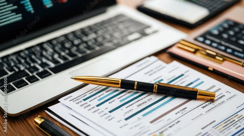Fototapeta premium A workspace featuring a laptop, a pen, and printed documents, suggesting productivity and organization in financial or business tasks.