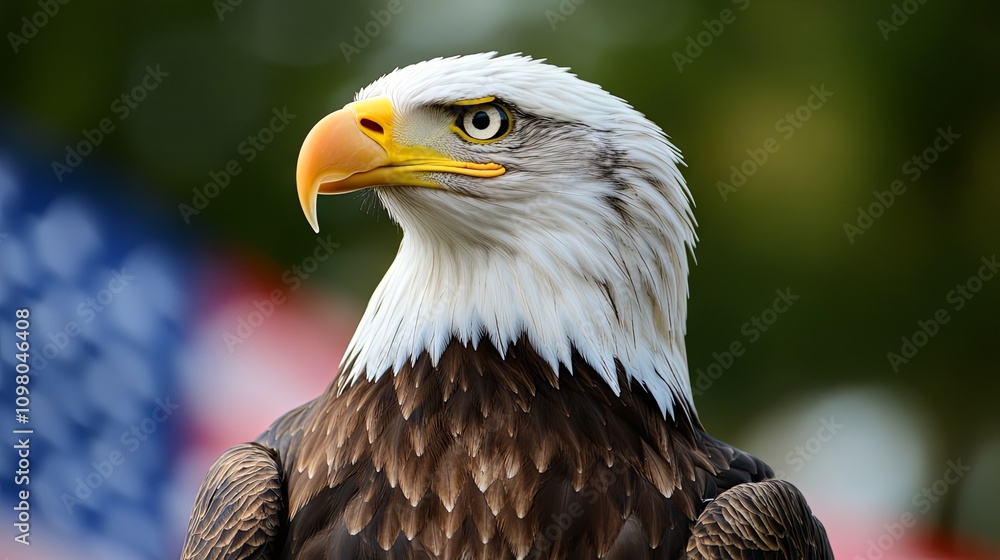 Fototapeta premium Close Up Portrait of a Bald Eagle with a Blurred American Flag in the Background