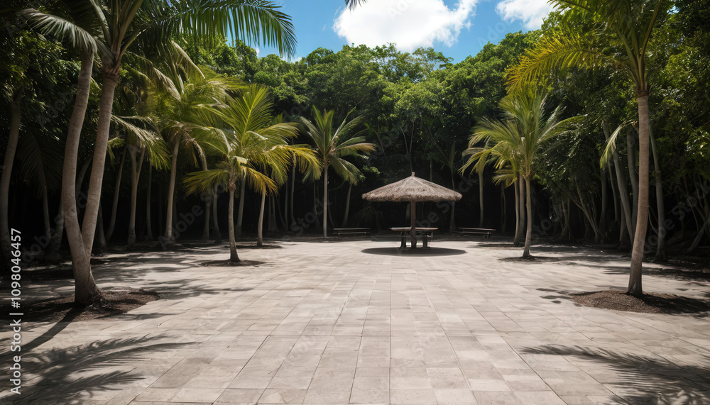 Tropical Beach Path with Palm Trees and Clear Blue Sea Tropical Beach Path with Palm Trees and Clear Blue Sea