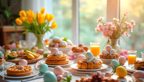 Wallpaper Mural Elegant Easter breakfast waffles, Summer Blooms Pink peony bouquet and daffodils Torontodigital.ca