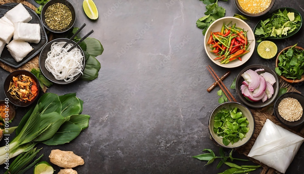 Creative layout featuring fresh Vietnamese and Thai cooking ingredients with rice paper on a textured surface. Generative AI Creative layout featuring fresh Vietnamese and Thai cooking ingredients with rice paper on a textured surface. Generative AI