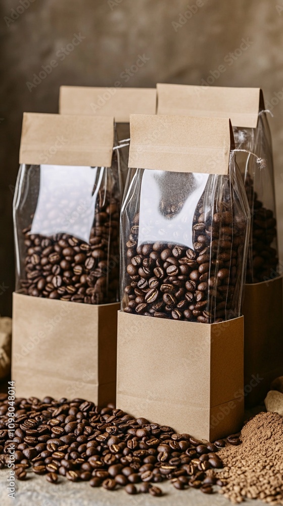 Artisanal coffee packaging: transparent bags filled with aromatic roasted beans, nestled in rustic kraft paper boxes, showcasing freshness and quality. Artisanal coffee packaging: transparent bags filled with aromatic roasted beans, nestled in rustic kraft paper boxes, showcasing freshness and quality.