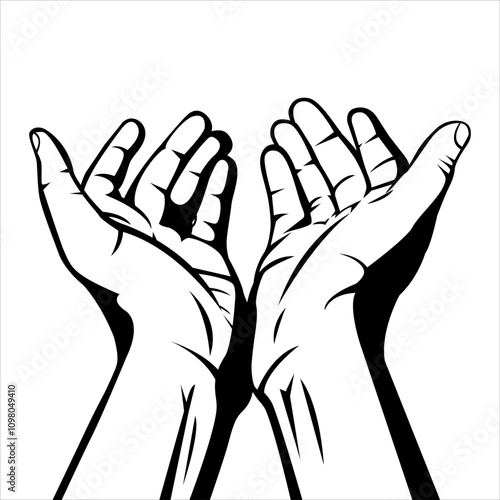 Two hands with palms up, symbolizing prayer, hope, or asking for help. The simple gesture conveys humility and openness, perfect for themes of spirituality, support, or connection.