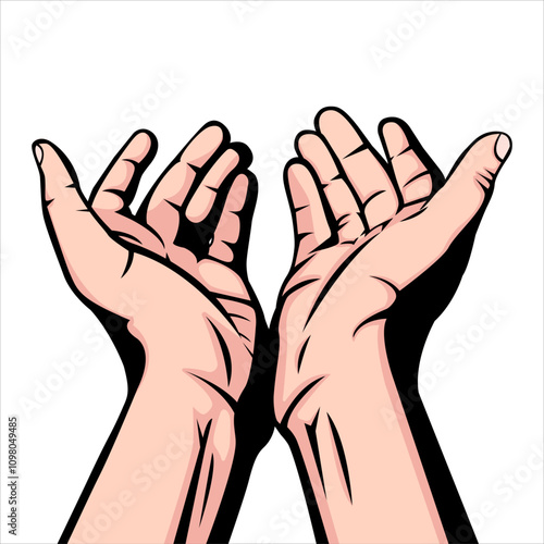 Two hands with palms up, symbolizing prayer, hope, or asking for help. The simple gesture conveys humility and openness, perfect for themes of spirituality, support, or connection.