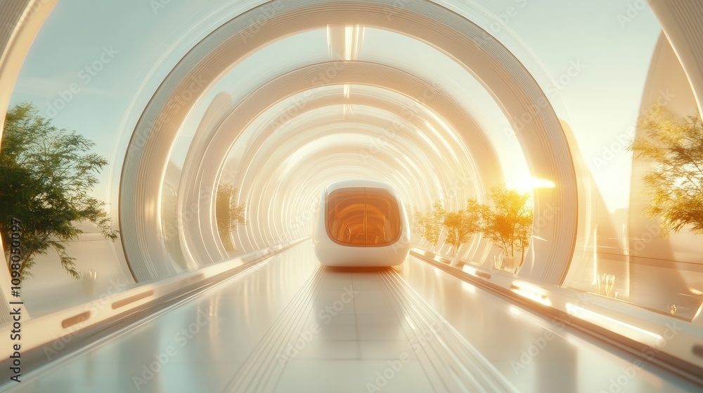 Fototapeta premium Futuristic transportation design featuring streamlined pod in a bright, airy tunnel surrounded by greenery and warm sunlight illuminating the space