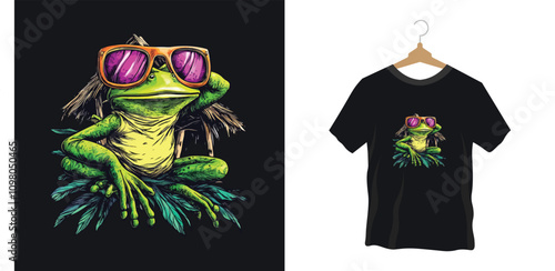 A black t-shirt design with a colorful illustration of a cartoon frog with a sunglass