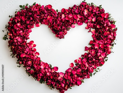 Romantic setup featuring colorful rose petals forming a heart shape on a white backdrop  photo