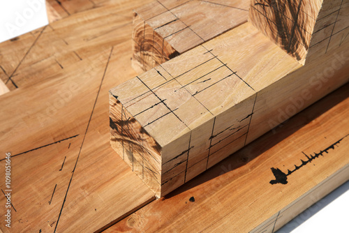 Black lines are drawn across the neatly cut wood