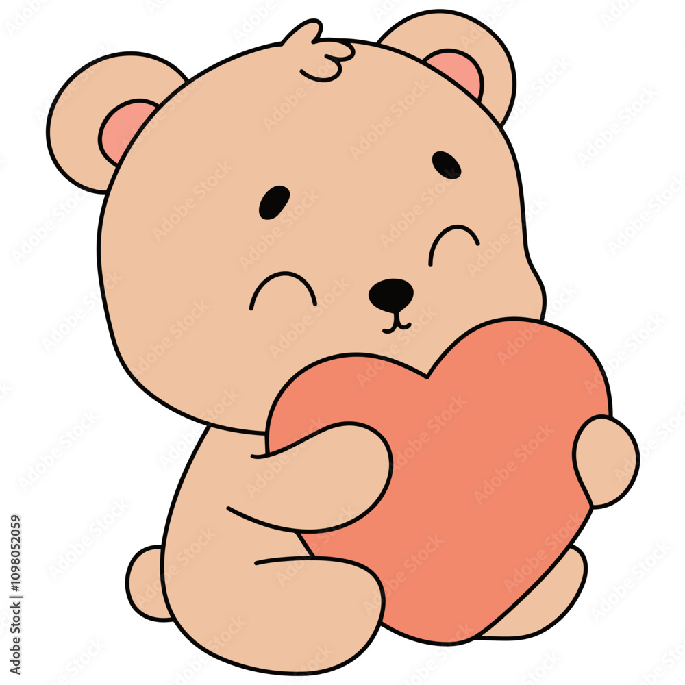 Fototapeta premium Valentine Baby Bear Hugging a Heart in Flat Design