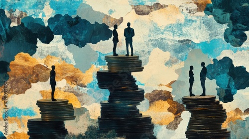 Silhouettes on Stacks of Coins Represent Financial Inequality