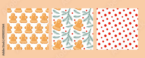 Festive gingerbread cookies, greenery, and red polka dots on cheerful holiday patterns