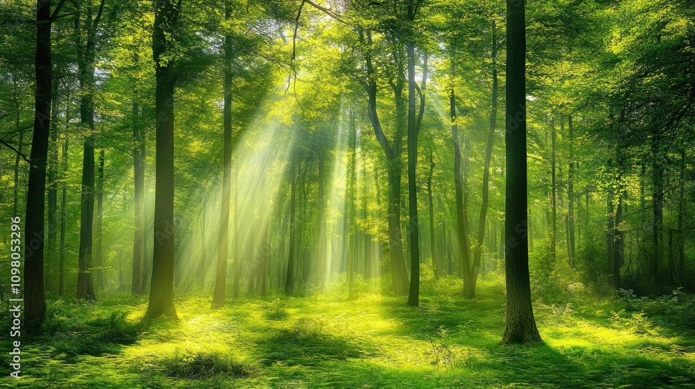 Fototapeta premium Sunbeams Illuminate Lush Green Forest Canopy