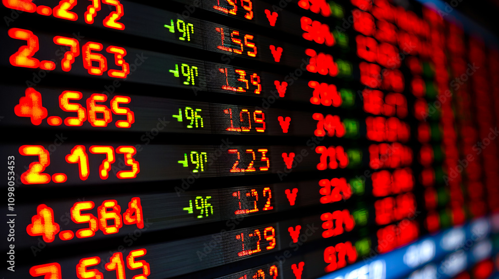 Fototapeta premium A stock market screen showing fluctuating red and green numbers, representing financial trends and trading.