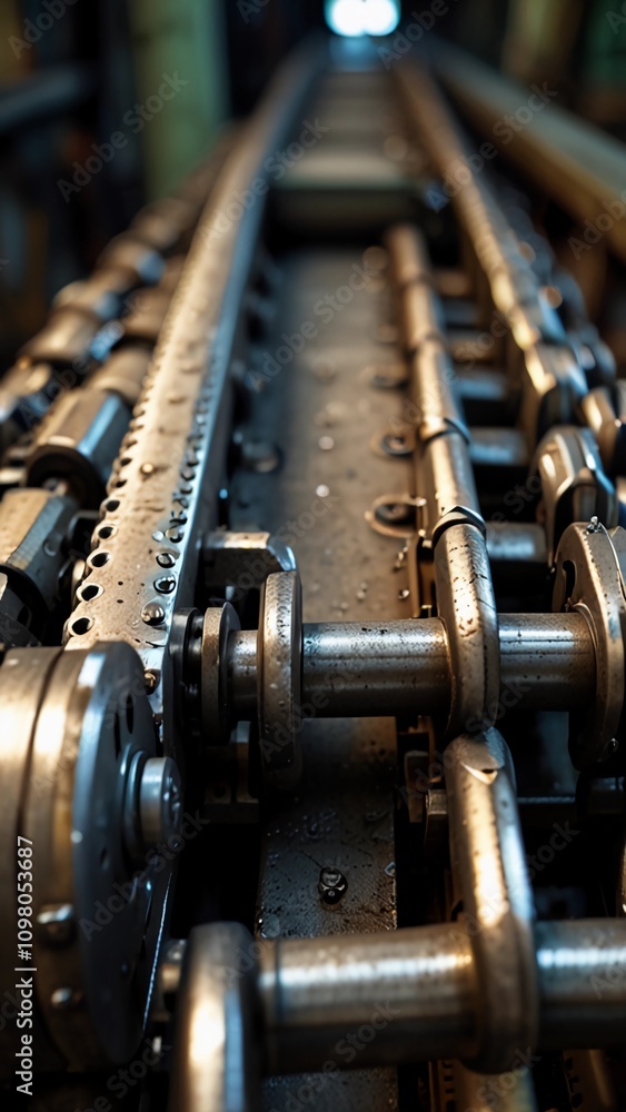 Fototapeta premium Heavy-Duty Conveyor Belt with Moving Chain Links: Perfect for conveyor systems in manufacturing, logistics, or industrial machinery presentations .Digital Artwork series 01 
