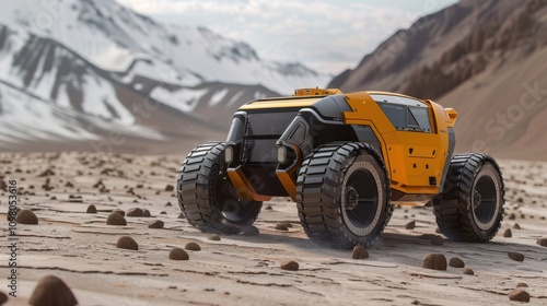 A high-tech off-road vehicle with a bold yellow design navigating a barren desert landscape, framed by distant snowy mountains. photo