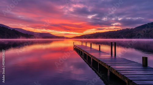 Wallpaper Mural Stunning sunset over calm lake with a wooden dock reflecting vibrant colors Torontodigital.ca