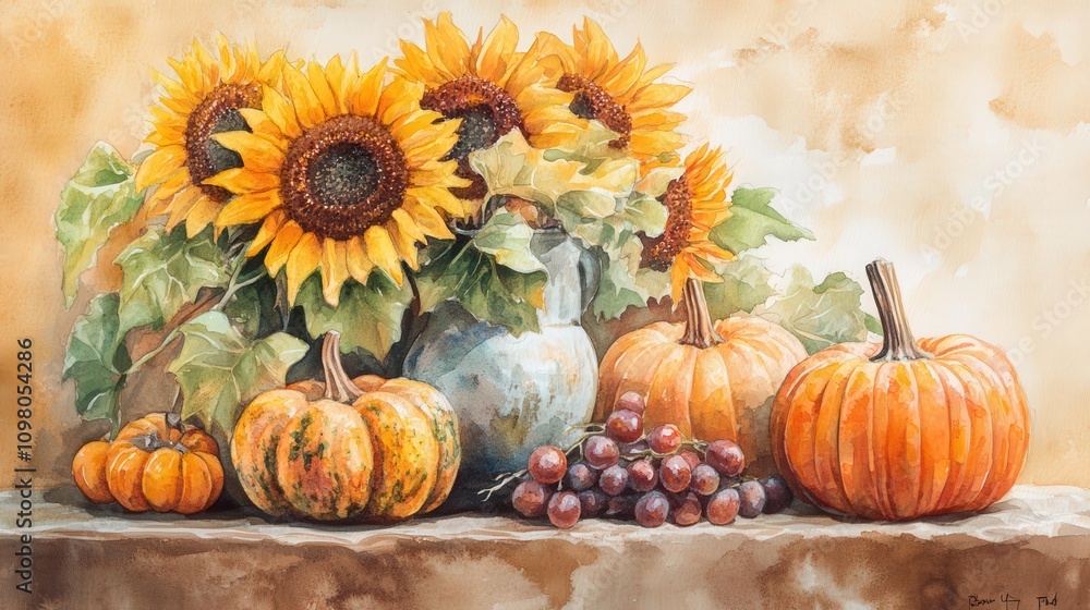 Watercolor Painting of Sunflowers, Pumpkins, and Grapes Watercolor Painting of Sunflowers, Pumpkins, and Grapes