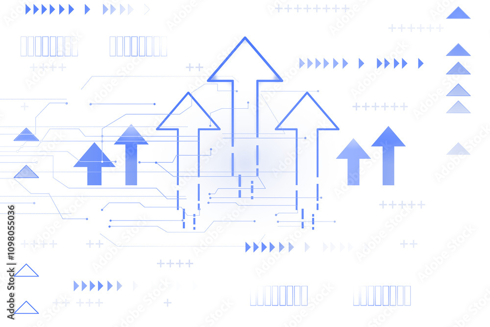 Obraz premium Abstract blue arrows pointing upward with digital patterns, geometric shapes, and lines on a clean white background. Concept of technology growth. 3D Rendering.
