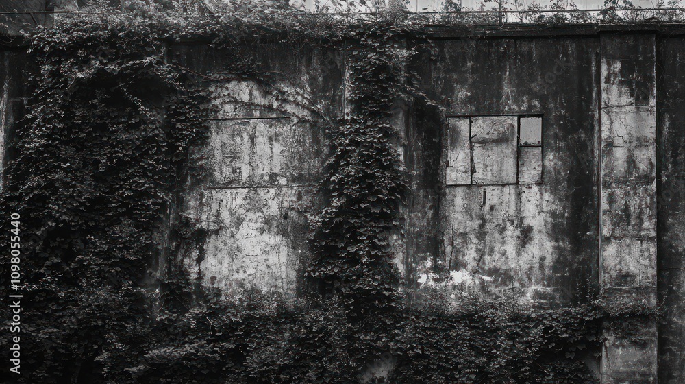 Obraz premium A weathered wall overgrown with ivy, showcasing decay and nature's reclaiming process.