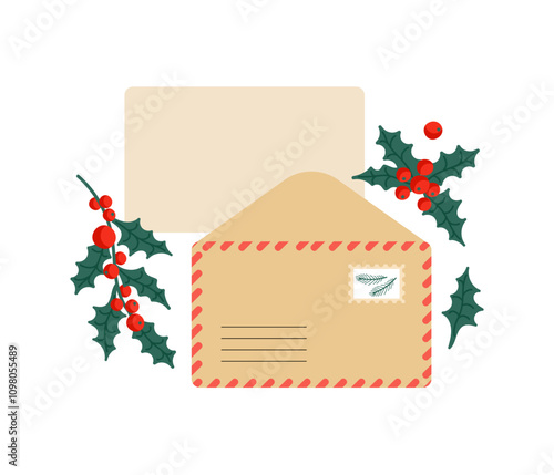 Festively designed envelope and blank card surrounded by holly and berries during the holiday season