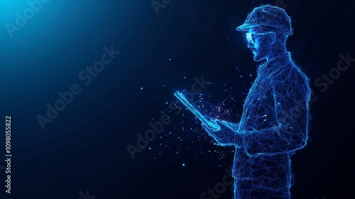 Abstract logistics manager supervising operations, dark blue background, low-poly wireframe lines, glowing particles, modern technology and industrial efficiency.