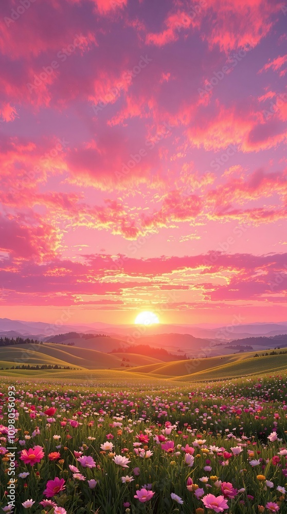 Obraz premium The sky turns pink and orange as the sun sets in a field of wildflowers, casting a colorful glow over the landscape, floral patterns, rural landscape, , nature reserve