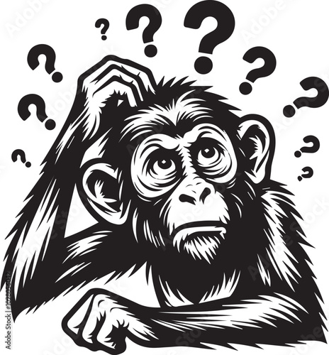 Confused Monkey Posing a Question. A black and white illustration of a chimpanzee with its hand on its head, appearing perplexed or questioning.