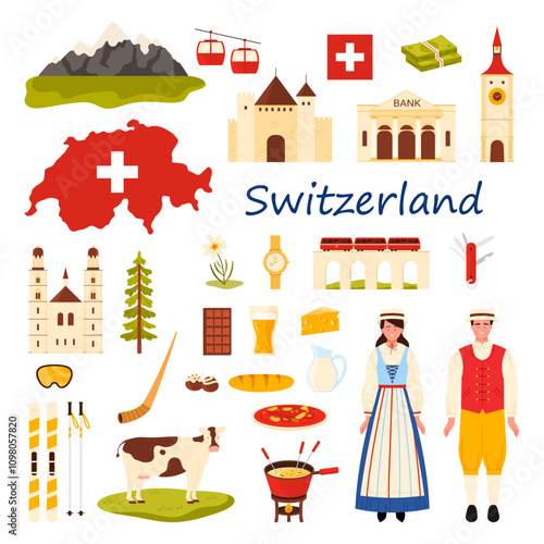 Travel to Switzerland set. Swiss people in national dress, heritage architecture and culture elements, red train on viaduct and mountain scenery, alphorn and cheese dip cartoon vector illustration