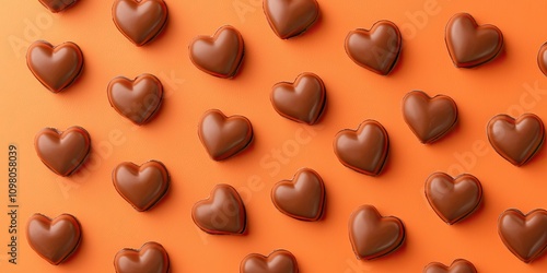 Mockup valentine template concept. A vibrant pattern of heart-shaped chocolate candies on an orange background, perfect for celebrating love or special occasions.