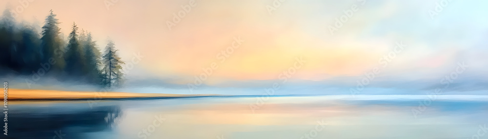 Obraz premium Serene Abstract Oil Painting of a Misty Lake at Dawn Tranquil Nature Landscape Digital Wallpaper Peaceful Environment Wide Viewpoint