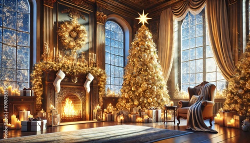 Wallpaper Mural Christmas eve in luxurious palace living room with golden christmas tree Torontodigital.ca