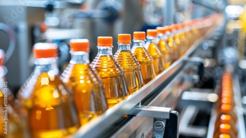 Production of brewing and bottling oil at a oil production plant. Conveyor with beer bottles.