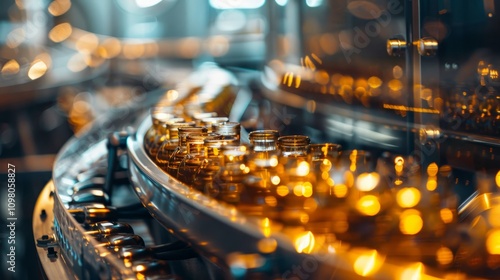 Production of brewing and bottling craft beer at a beer production plant. Conveyor with beer bottles.