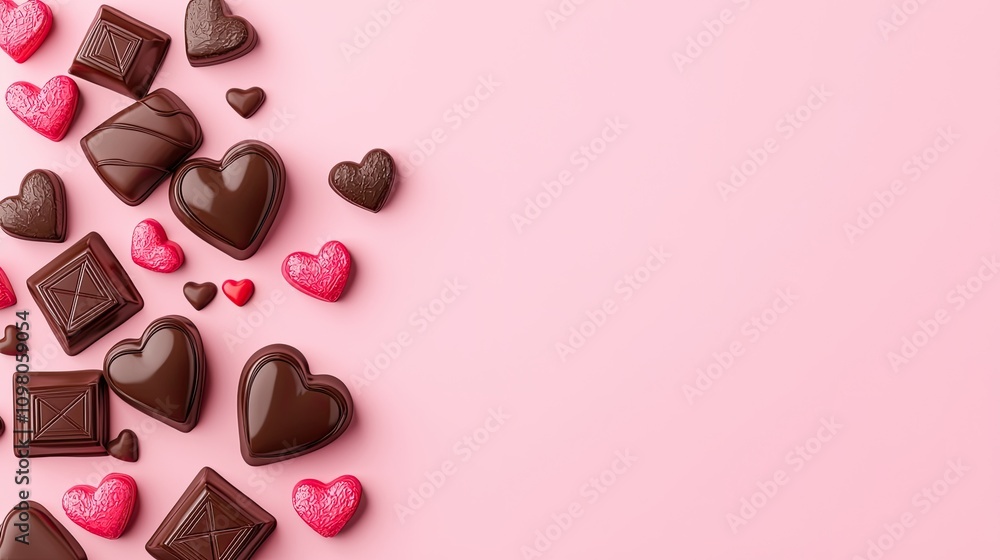 Fototapeta premium Mockup valentine template concept. A delightful arrangement of heart-shaped chocolates and treats against a soft pink background, perfect for celebrations or romantic gestures.