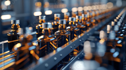 Production of brewing and bottling craft beer at a beer production plant. Conveyor with beer bottles.