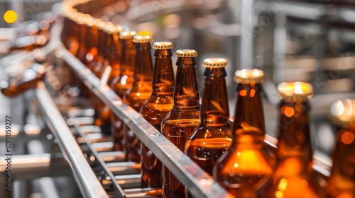 Production of brewing and bottling craft beer at a beer production plant. Conveyor with beer bottles.