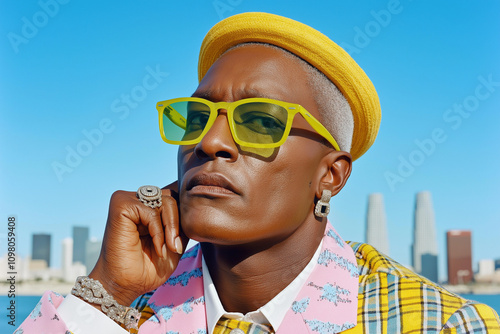 A bold portrait of a stylish African-American model with bright yellow sunglasses and matching beret against a clear blue sky. A striking expression of contemporary urban fashion. photo