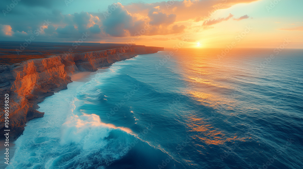 Fototapeta premium Sunset Symphony at the Cliff's Edge: An aerial view of a breathtaking sunset painting the sky in vibrant hues of orange and pink, casting a golden glow on the dramatic cliffs and crashing waves.