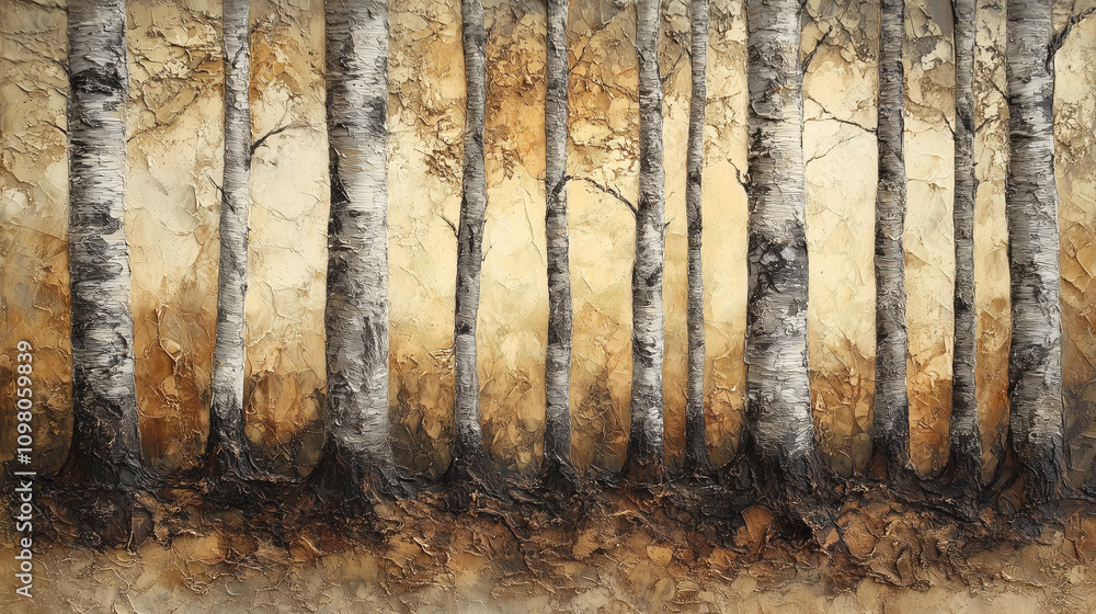 Naklejka premium serene forest scene with tall birch trees and warm tones