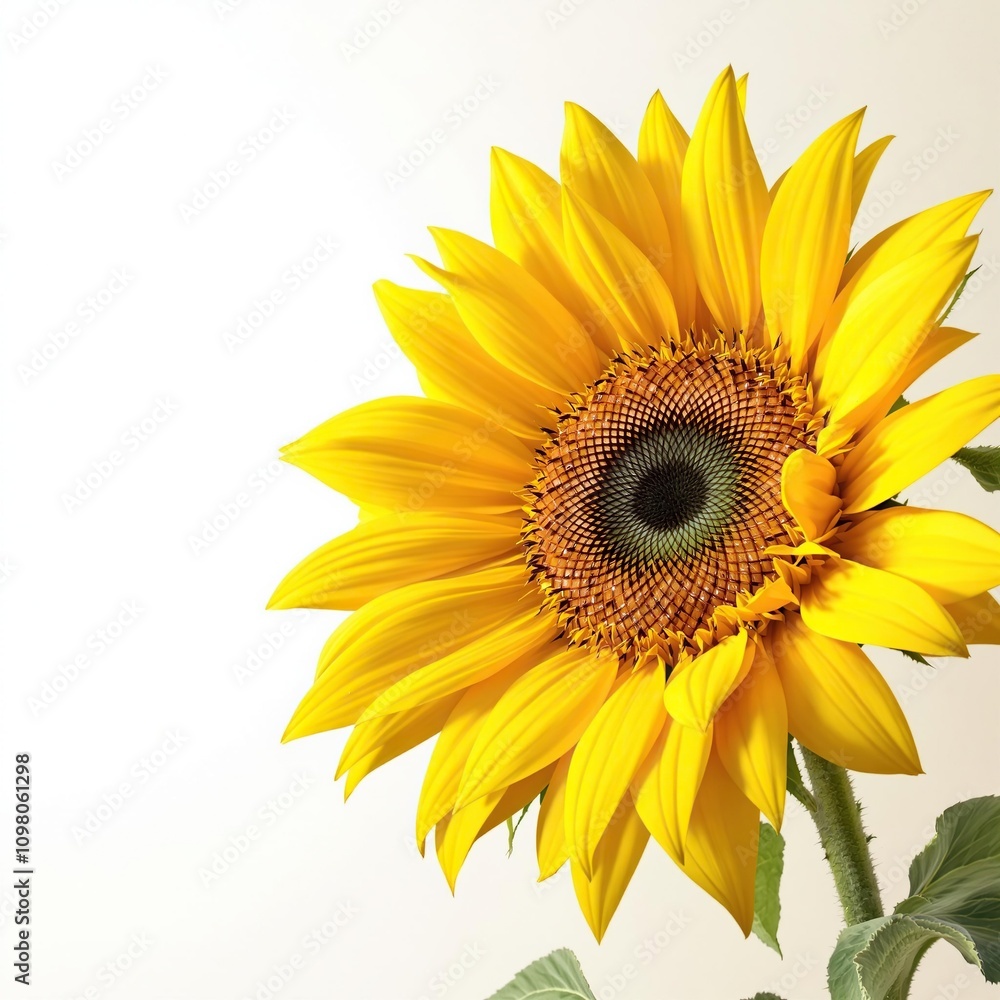 Fototapeta premium A close-up of a bright yellow sunflower with large petals and dark center against a soft white background, soft focus, sunny day