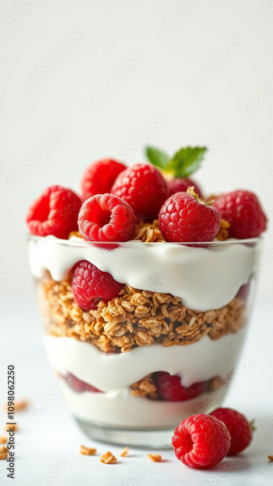 Close-up of a delicious yogurt parfait with layers of granola and raspberries, Exciting, protein-rich, edible, therapeutic, female Close-up of a delicious yogurt parfait with layers of granola and raspberries, Exciting, protein-rich, edible, therapeutic, female