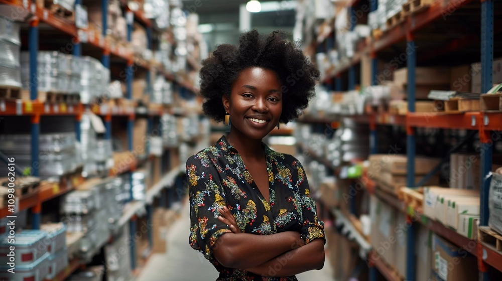 Smiling Woman in Casual Dress Standing with Arms Crossed in an E-Commerce Warehouse, Looking Directly into the Camera, Surrounded by Shelves Filled with Boxes Smiling Woman in Casual Dress Standing with Arms Crossed in an E-Commerce Warehouse, Looking Directly into the Camera, Surrounded by Shelves Filled with Boxes