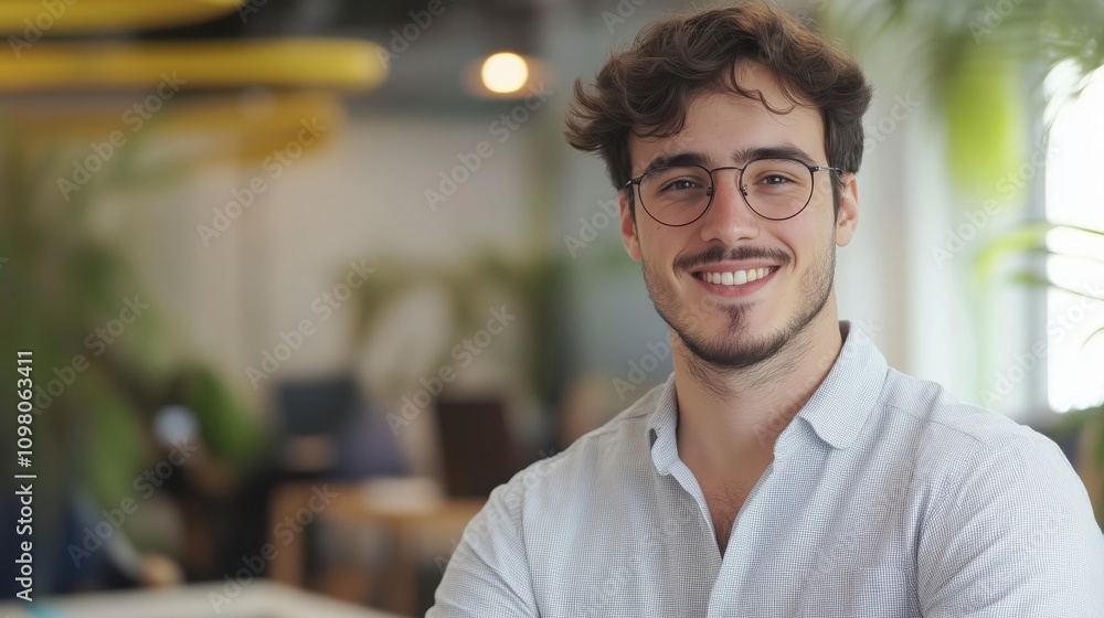 Obraz premium Un hombre de negocios en la oficina de una empresa sonriendo