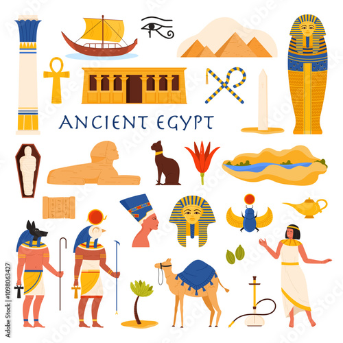 Travel to Egypt set. Ancient culture and architecture monuments stickers, gods Anubis and Horus, scarab beetle and Nile River landscape, Sphinx and mummy of pharaoh cartoon vector illustration