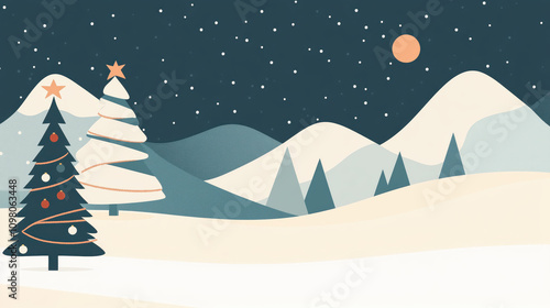 serene winter landscape with decorated Christmas trees and mountains